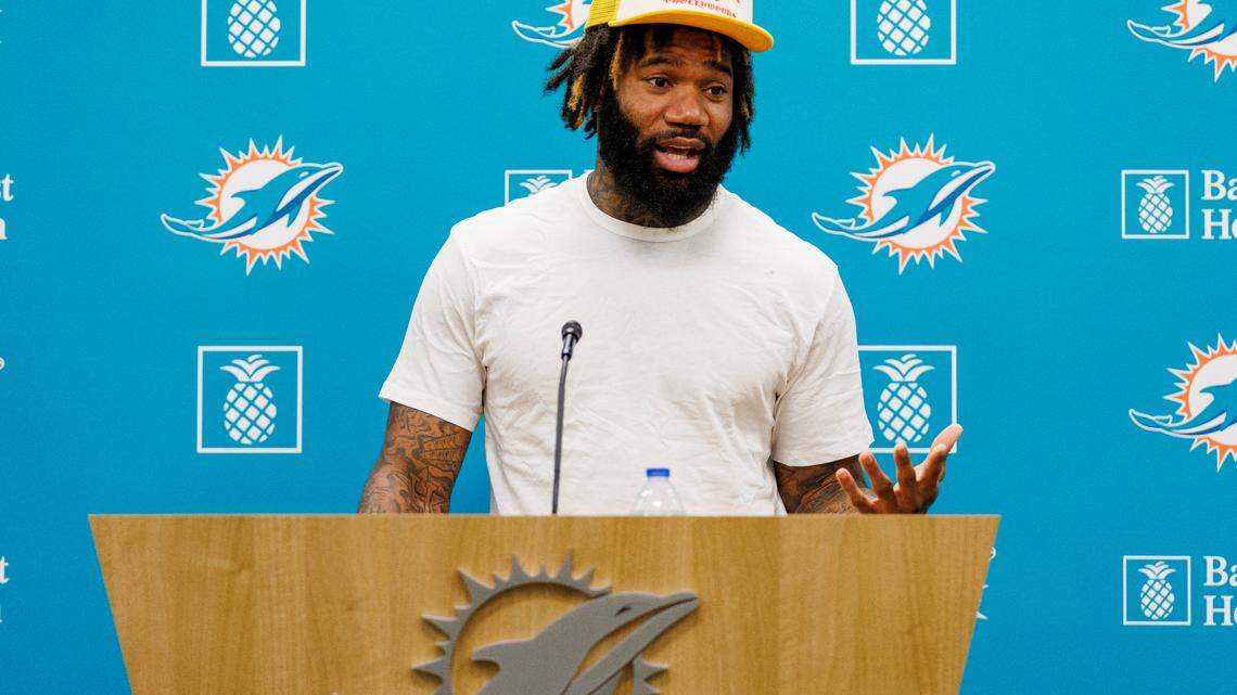 Miami Dolphins cornerback Xavien Howard speaks during team pre-draft press conference at Baptist Health Training Complex in Hard Rock Stadium on Wednesday, April 19, 2023 in Miami Gardens, Florida.