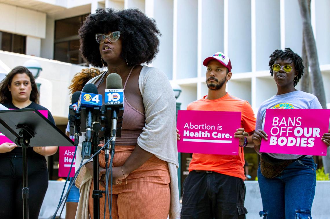 Trained abortion doula Tifanny Burks, 29, speaks about the U.S. Supreme Court ruling that overturned Roe v. Wade during a Florida Planned Parenthood PAC press conference at Stephen P. Clark Government Center in Miami, Florida, on Friday, June 24, 2022.