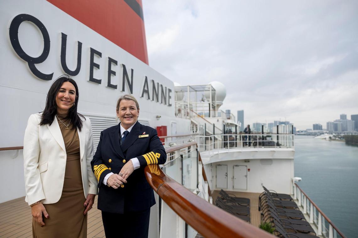Queen Anne’s Captain Inger Klein Thorhauge, right, and Cunard President Katie McAlister are photographed onboard the ship while it is docked at PortMiami on Tuesday, Jan. 21, 2025, in Miami, Fla.