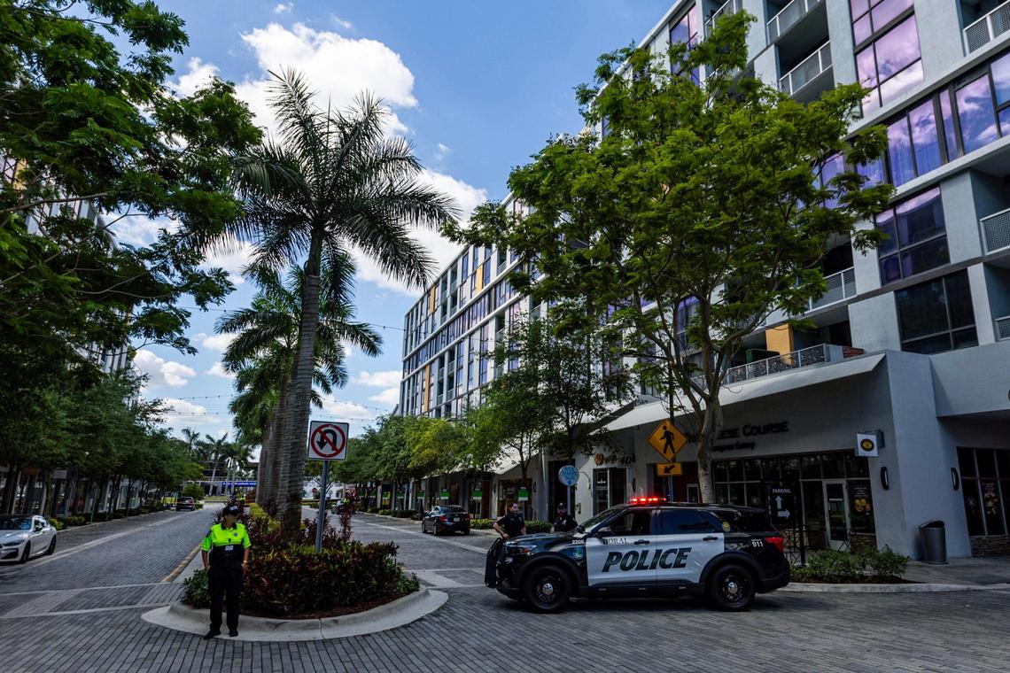 Police cruisers are stationed before the roundabout inside CityPlace Doral on Saturday, April 6, 2024.