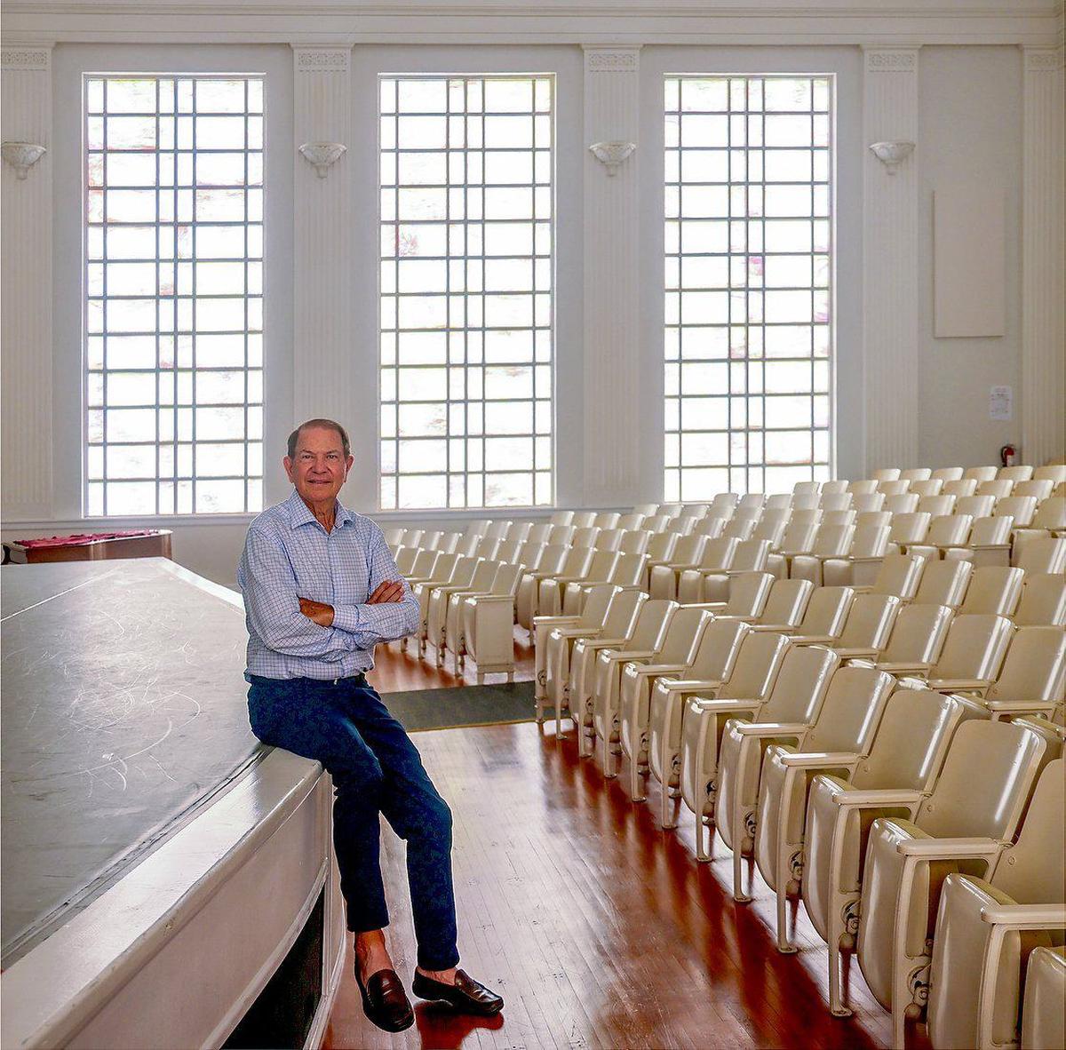 Lewis S. “Mike” Eidson co-founded a nonprofit called Sanctuary of the Arts, that repurposes aging Miami church buildings into performing arts theaters. Eidson is photographed inside the Coral Gables First Church of Christ, Scientist, which is now a 314-seat theater.