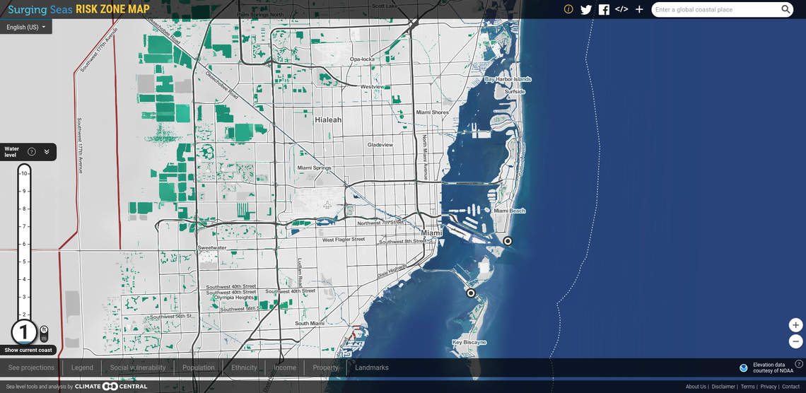 Climate Central’s sea level rise mapping tool shows in blue and green the land that could be affected by flooding in Miami under one foot of sea rise, which is expected by 2050.