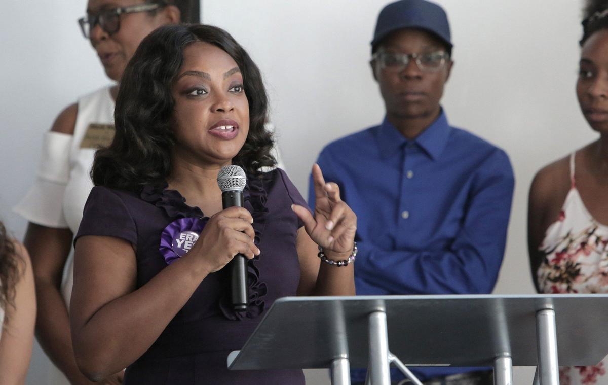 State Rep. Dotie Joseph of Miami speaks to a group of women, community leaders and advocates from across South Florida during a gathering to celebrate 100 years since the 19th Amendment passed and urge the Florida Legislature to prioritize the Equal Rights Amendment. The gathering Monday, Aug. 26, 2019, was at CIC Miami.