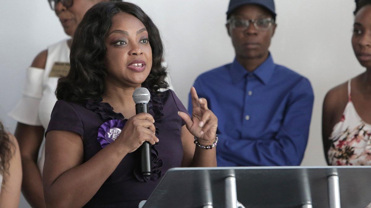 State Rep. Dotie Joseph of Miami speaks to a group of women, community leaders and advocates from across South Florida during a gathering to celebrate 100 years since the 19th Amendment passed and urge the Florida Legislature to prioritize the Equal Rights Amendment. The gathering Monday, Aug. 26, 2019, was at CIC Miami.