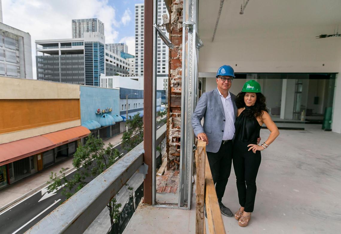 Time Century Managing Director Ronald Obadiah and vice president Rafaela Levy-Obadiah are photographed inside the Time Century jewelry center under construction in downtown Miami, Florida on Tuesday, April 5, 2022. The building, which is nearing the end of construction and will be the area’s newest jewelry center, was gutted out of the old Metro Mall that sat across from the Seybold. Construction is scheduled to be completed by summer 2022.