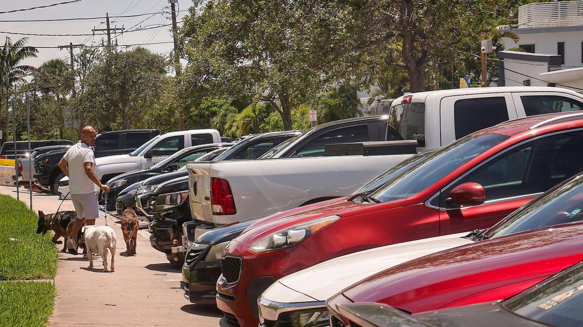 North Beach resident Pablo Mejia, 59, looks back as he walks his dogs past parked vehicles on South Shore Drive on Normandy Shores on Monday, July 1, 2024. The neighborhood will soon be part of a residential parking program for the first time.