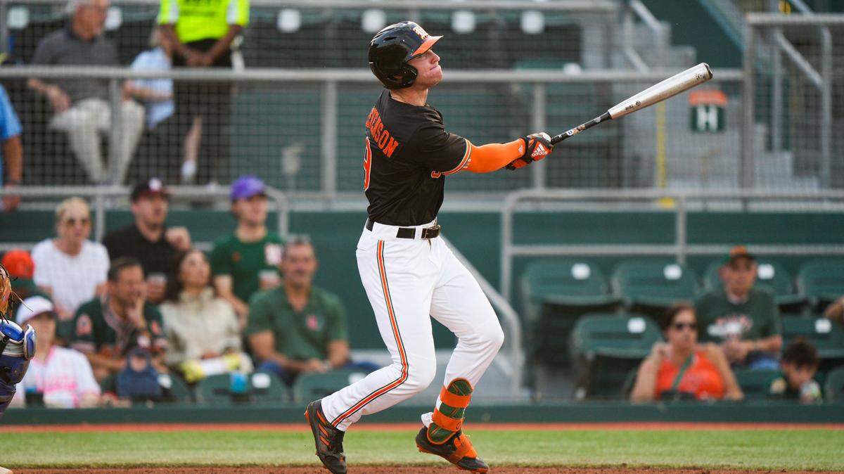 Miami Hurricane Zach Levenson hits his 11th home run of season against Duke on Thursday, May 18, 2023 at Mark Light Field.