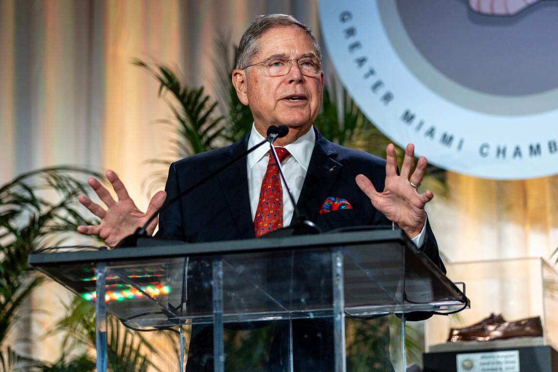 Alberto Ibargüen, President & CEO of the John S. and James L. Knight Foundation and former publisher of the Miami Herald/El Nuevo Herald, gives an acceptance speech during a ceremony hosted by The Greater Miami Chamber of Commerce to honor Ibargüen with the 2023 Sand in My Shoes® Award presented by presenting sponsors Baptist Health, Carlton Fields and University of Miami at Jungle Island in Miami, Florida, on Wednesday, October 4, 2023.