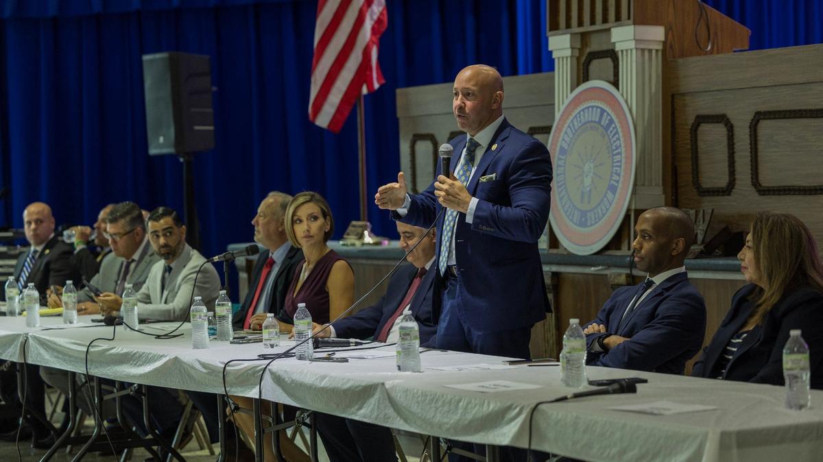 Mario Knapp, Republican candidate for Miami-Dade County sheriff in 2024, speaks during a candidates forum held at the IBEW Local 349 Union Hall, in Miami, on Wednesday, May 29, 2024.
