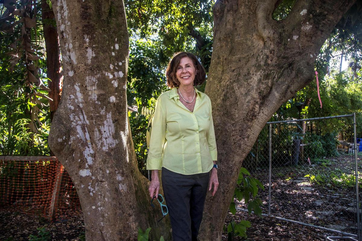 Barbara Lange is among a group of neighbors opposed to a real estate developer’s plan to chop down trees including the lychee tree she is standing under to build a large, new house at 3834 El Prado Blvd. in Coconut Grove.