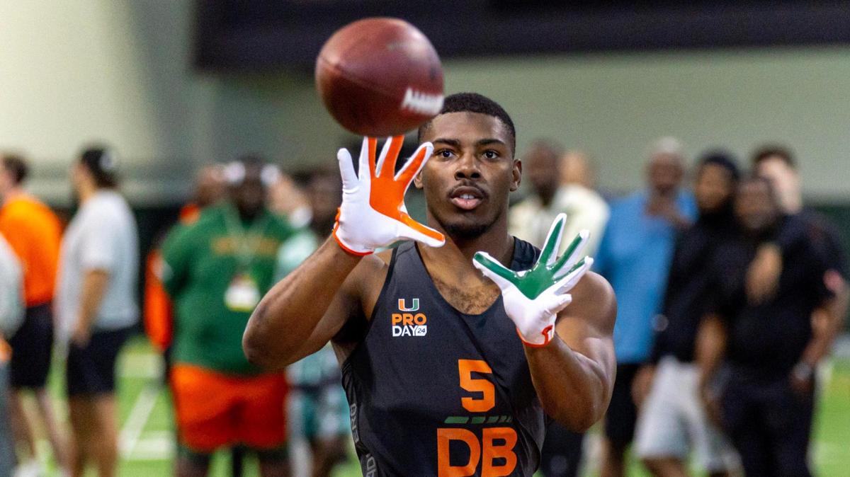 Former Miami Hurricanes safety, Kamren Kinchens, catches the ball at Pro Day at the University of Miami’s Carol Soffer Indoor Practice Facility in Coral Gables on Monday, March 18, 2024, ahead of the 2024 NFL Draft.