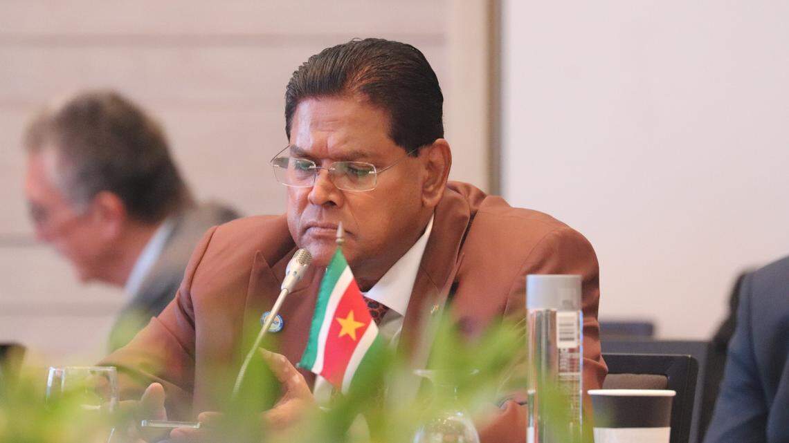 Suriname President Chandrikapersad “Chan” Santokhi at the Caribbean Community regional summit in Barbados, February 2025.