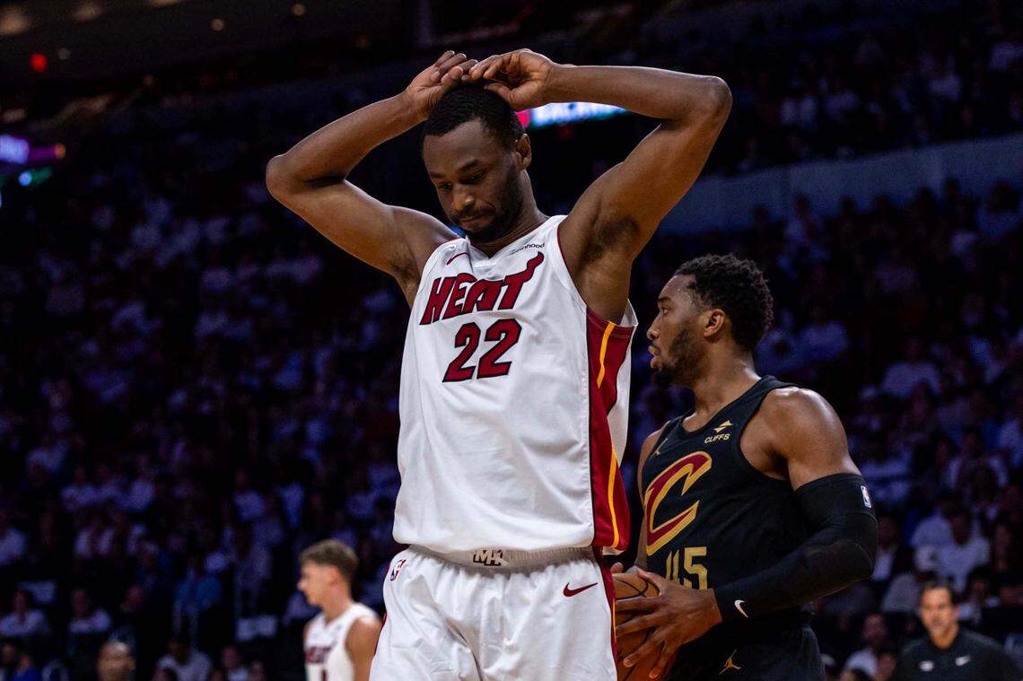 Miami Heat forward Andrew Wiggins (22) reacts to a play during the first half of Game 4 of the Eastern Conference NBA Playoffs against the Cleveland Cavaliers at Kaseya Center on April 28, 2025, in Miami.