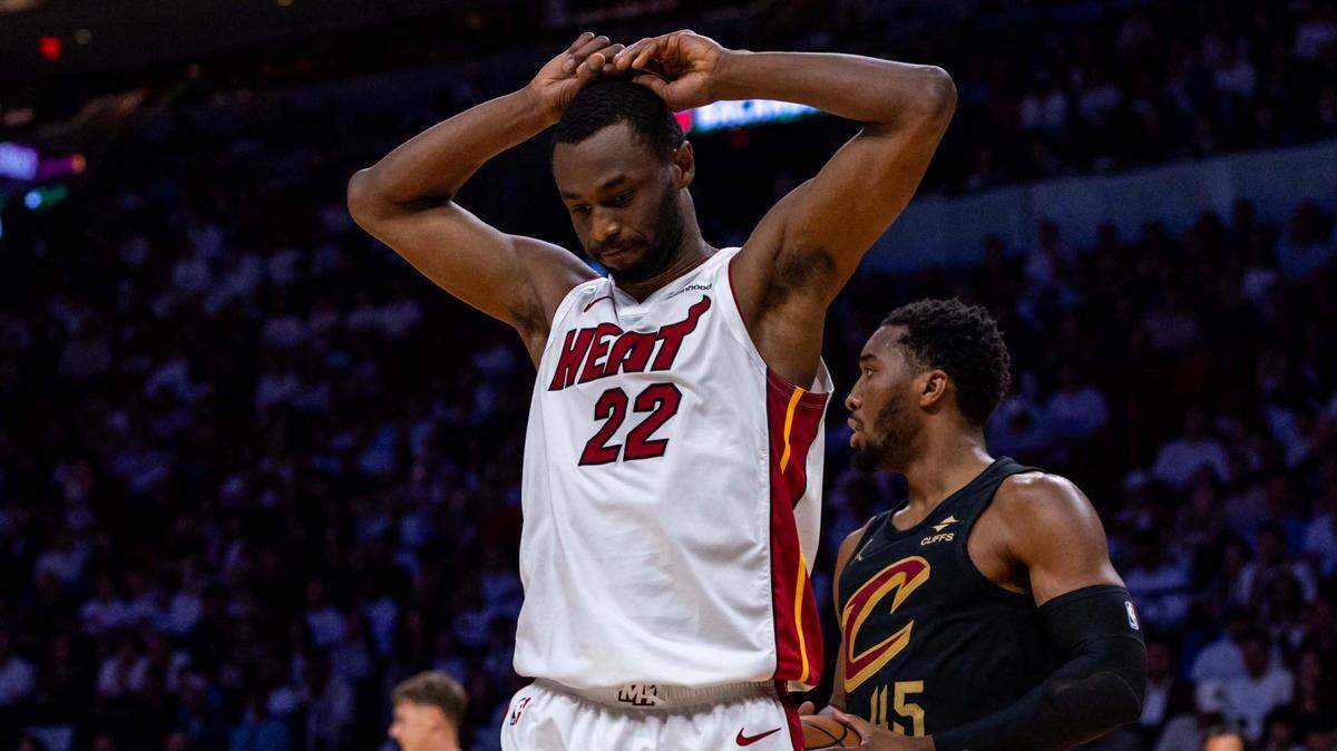 Miami Heat forward Andrew Wiggins (22) reacts to a play during the first half of Game 4 of the Eastern Conference NBA Playoffs against the Cleveland Cavaliers at Kaseya Center on April 28, 2025, in Miami.