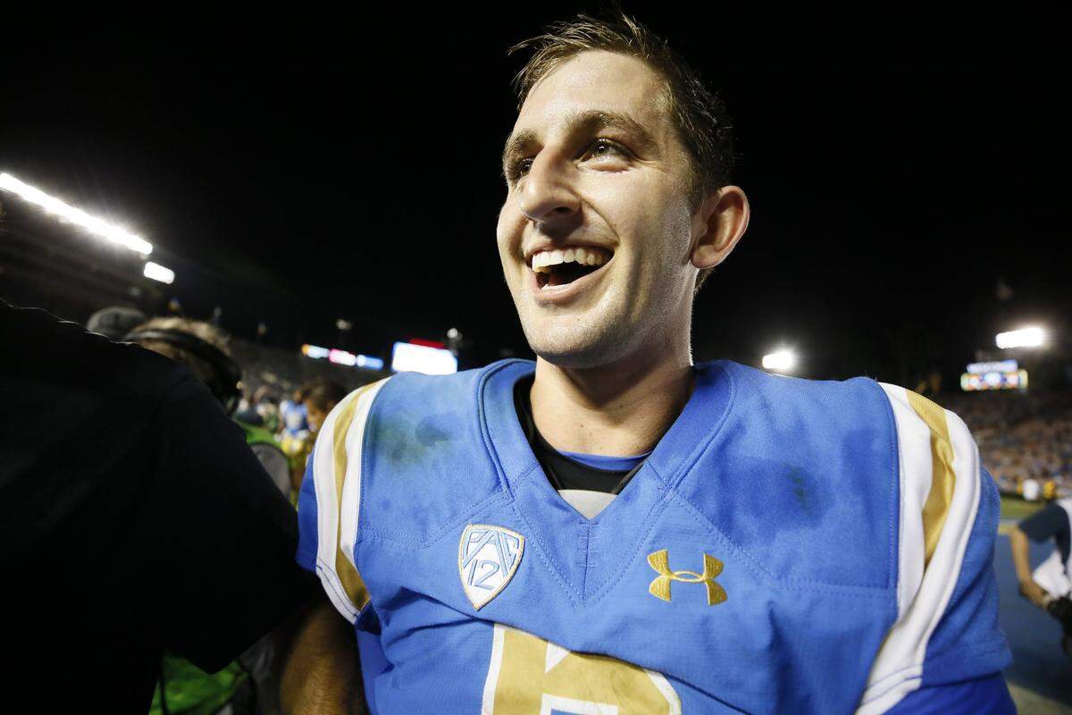 UCLA quarterback Josh Rosen leaves the field after defeating Texas A&M in an NCAA college football game, Sunday, Sept. 3, 2017, in Pasadena, Calif. UCLA won 45-44.