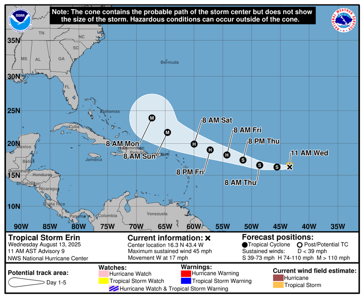 Tropical Storm Erin is on track to strengthen into a hurricane as soon as Friday.