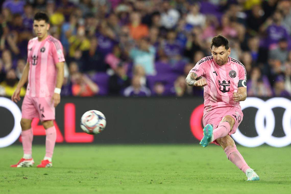 ORLANDO, FLORIDA - MARCH 01: Lionel Messi #10 of Inter Miami CF takes a free kick to score his team's fourth goal during the MLS match between Orlando City SC and Inter Miami CF at Inter&Co Stadium on March 01, 2026 in Orlando, Florida. (Photo by Dustin Markland/Getty Images)