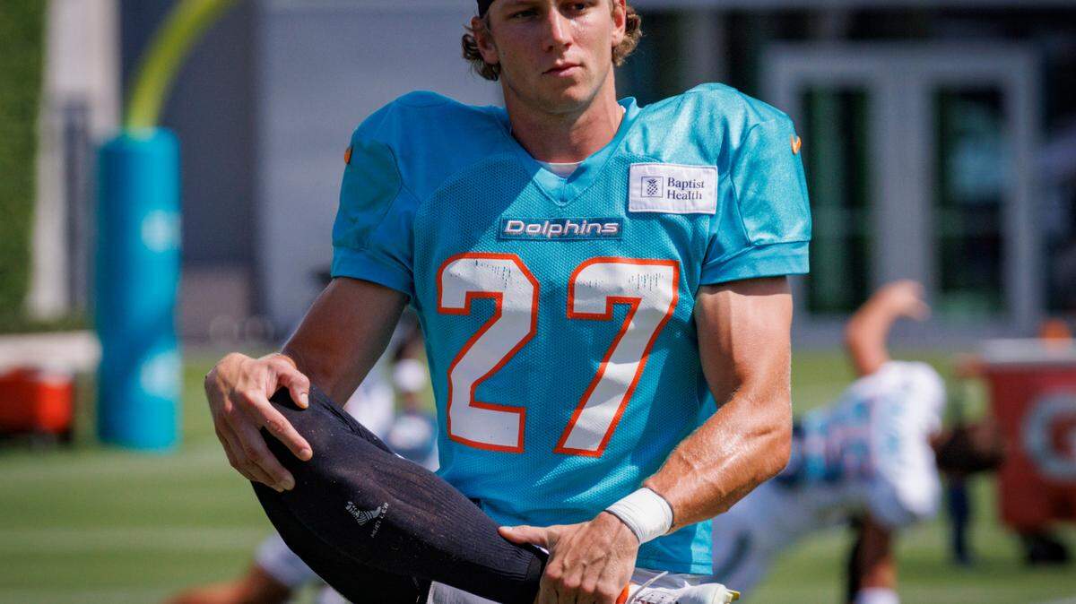 Miami Dolphin’s Ethan Bonner (27) stretches during Miami Dolphins Training Camp on Monday, July 29, 2024, at Baptist Health Training Complex in Miami Gardens.