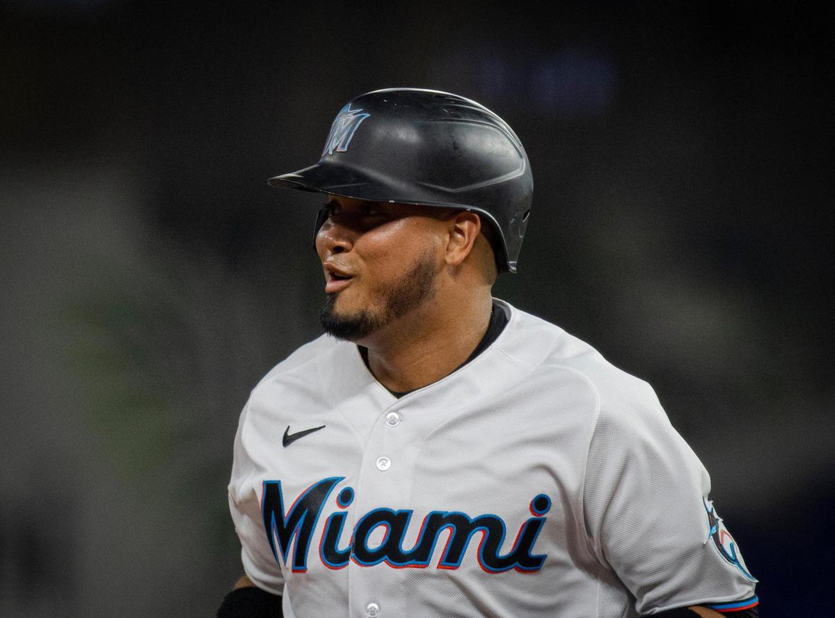 Miami Marlins second baseman Luis Arraez (3) smiles after hitting his 200th hit of this season during the first inning of a baseball game on Monday, Sept. 18, 2023, at loanDepot Park in Miami, Fla.