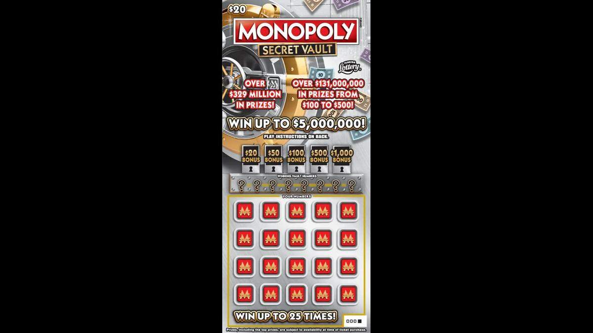 A $20 Monopoly Secret Vault scratch-off game ticket.