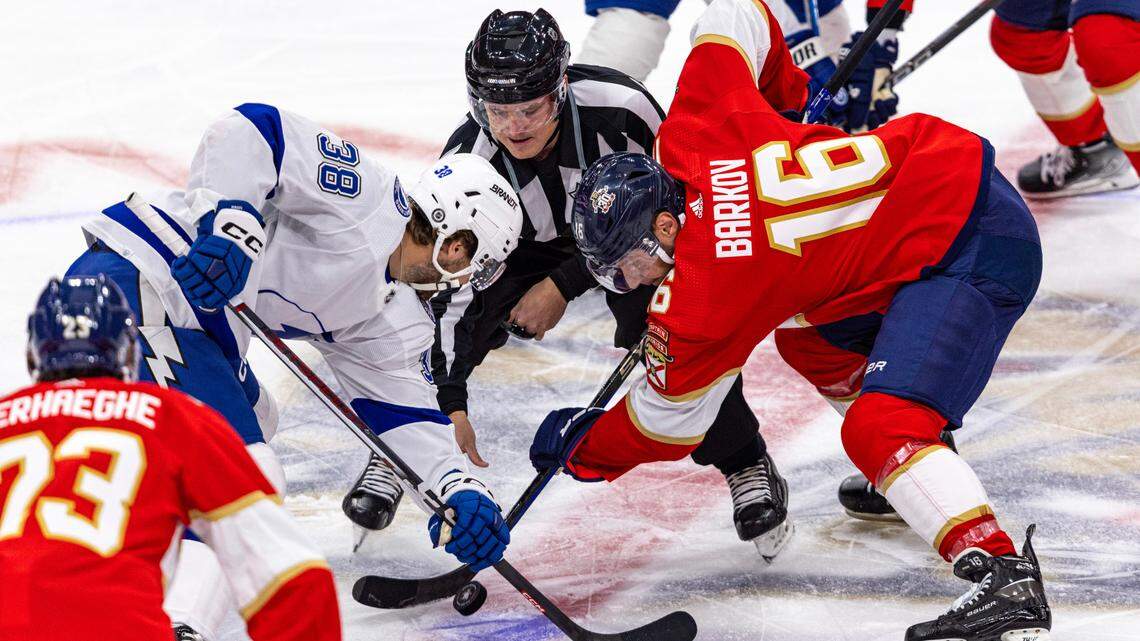 Florida Panthers center Aleksander Barkov (16) faces off against Tampa Bay Lightning left wing Brandon Hagel (38) during the first period of an NHL game at Amerant Bank Arena in Sunrise, Florida, on Saturday, October 7, 2023.