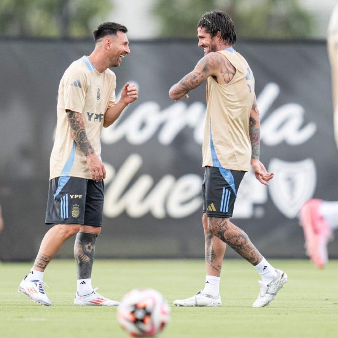 Lionel Messi (left) trains with Argentina teammate Rodrigo De Paul (right) at Inter Miami facilities in Fort Lauderdale. Argentina is preparing for World Cup qualifiers Oct. 10 vs. Venezuela and Oct. 15 vs. Bolivia.