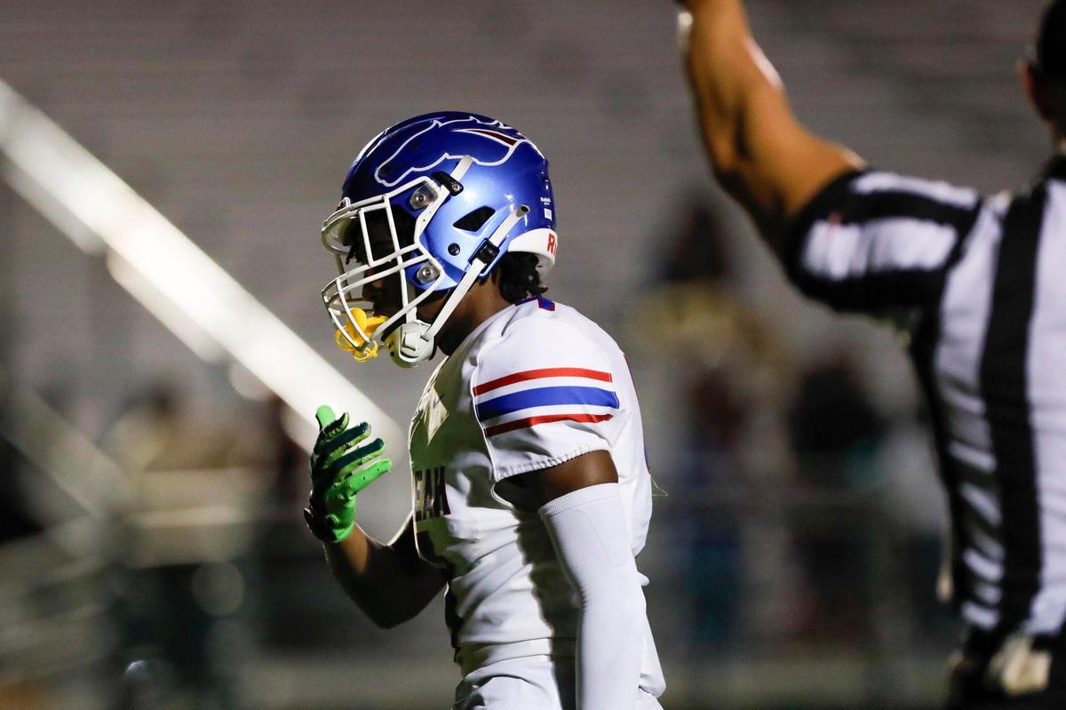 Hialeah Thoroughbreds wide receiver Abdullah Gosha jr (4) reacts after scoring a touchdown against the North Miami Pioneers during the first quarter of a high school football game at Ted Hendricks Stadium at Milander Park in Hialeah, Florida, Wednesday, October 11, 2023.