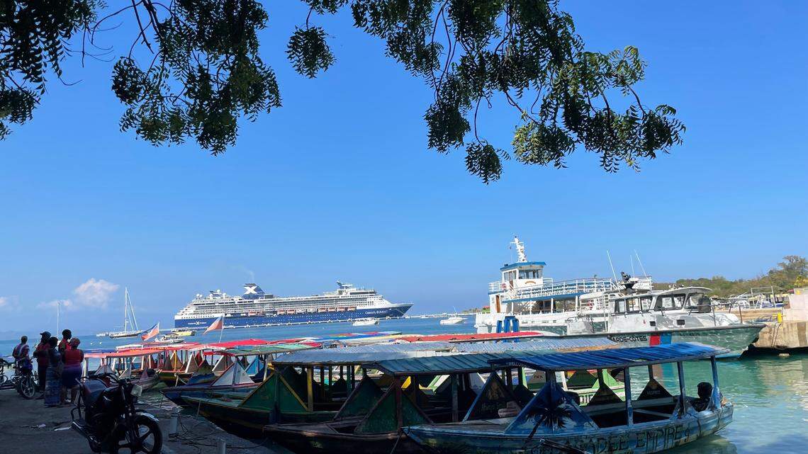 A Celebrity Cruise ship, off the coast of Labadee, a tourist attraction for cruise ship passengers in northern Haiti. In January 2023. The Royal Caribbean Group owns Celebrity.