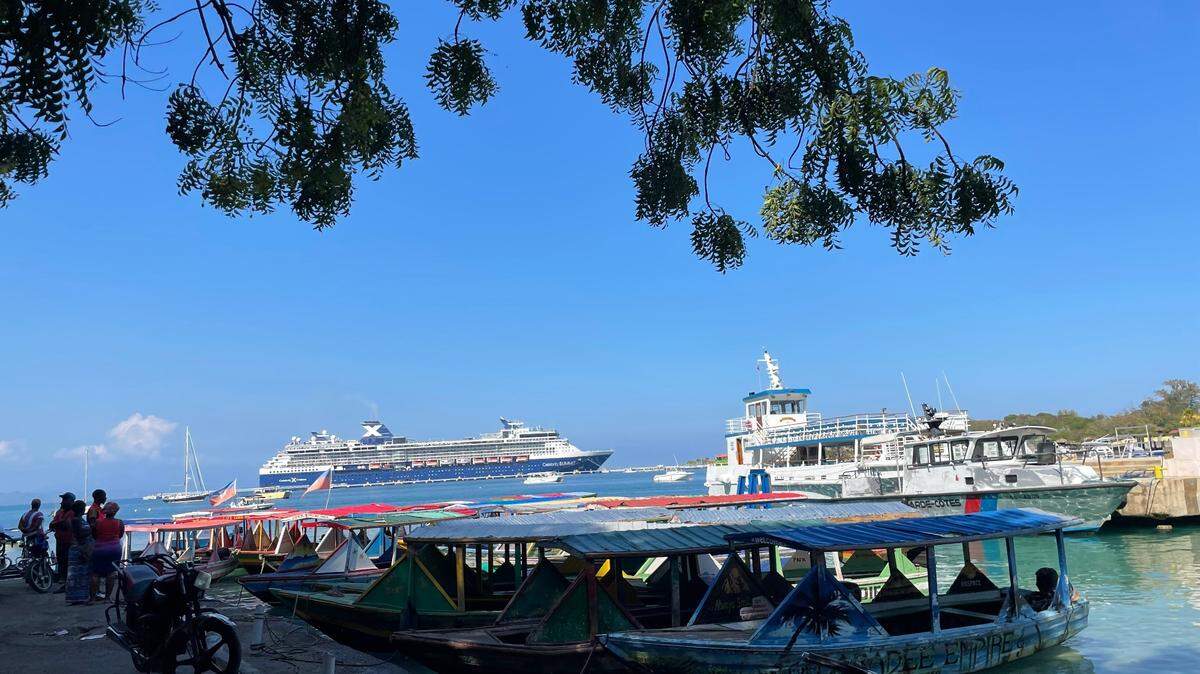 A Celebrity Cruise ship, off the coast of Labadee, a tourist attraction for cruise ship passengers in northern Haiti. In January 2023. The Royal Caribbean Group owns Celebrity.