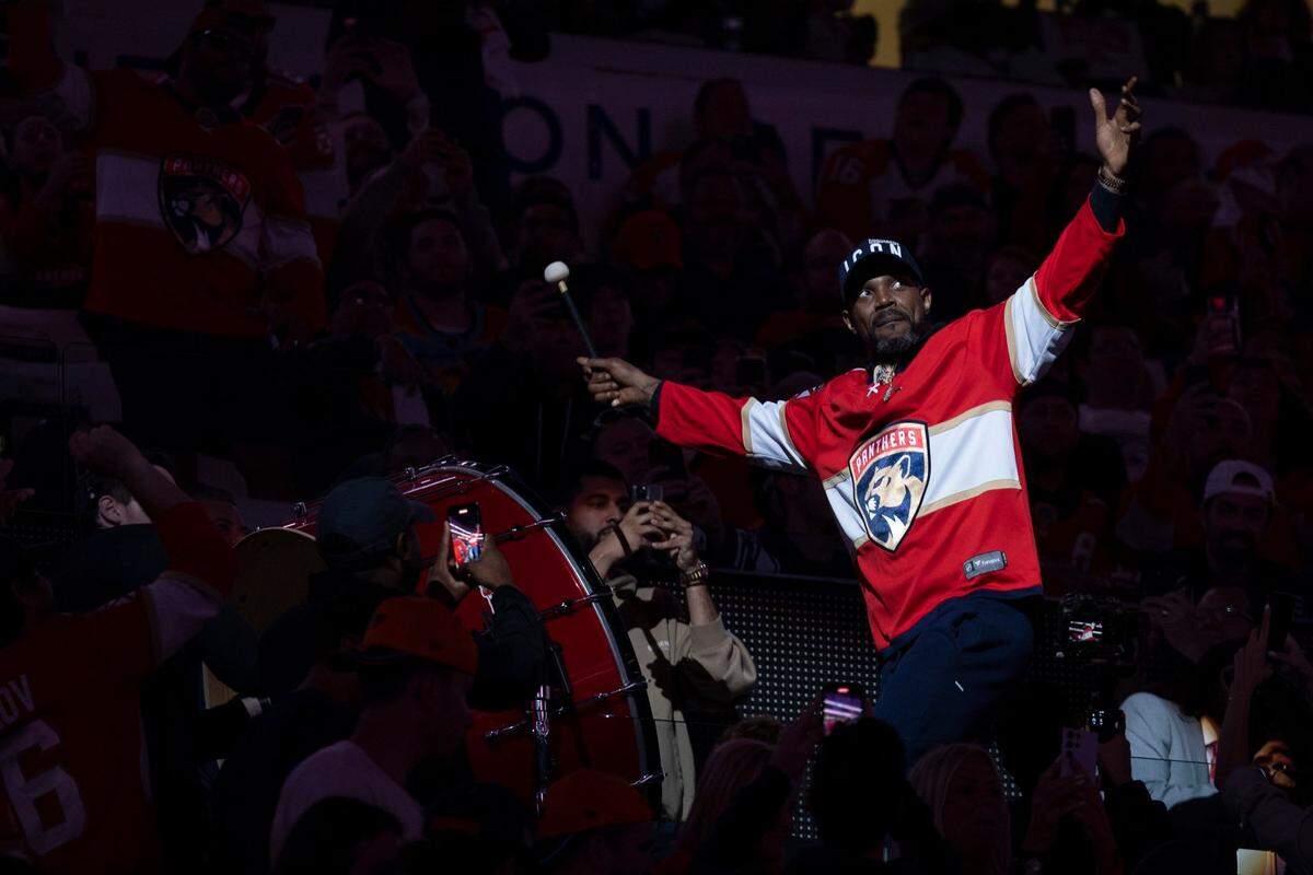 Udonis Haslem from the Miami Heat beats a drum before Game 3 of the second round of the Stanley Cup Playoffs between the Florida Panthers and the Toronto Maple Leafs on Sunday, May 7, 2023, at FLA Live Arena in Sunrise, Florida.