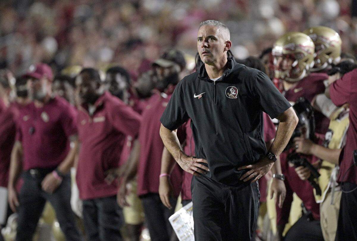 Oct 5, 2024; Tallahassee, Florida, USA; Florida State Seminoles head coach Mike Norvell during the second half against the Clemson Tigers at Doak S. Campbell Stadium.