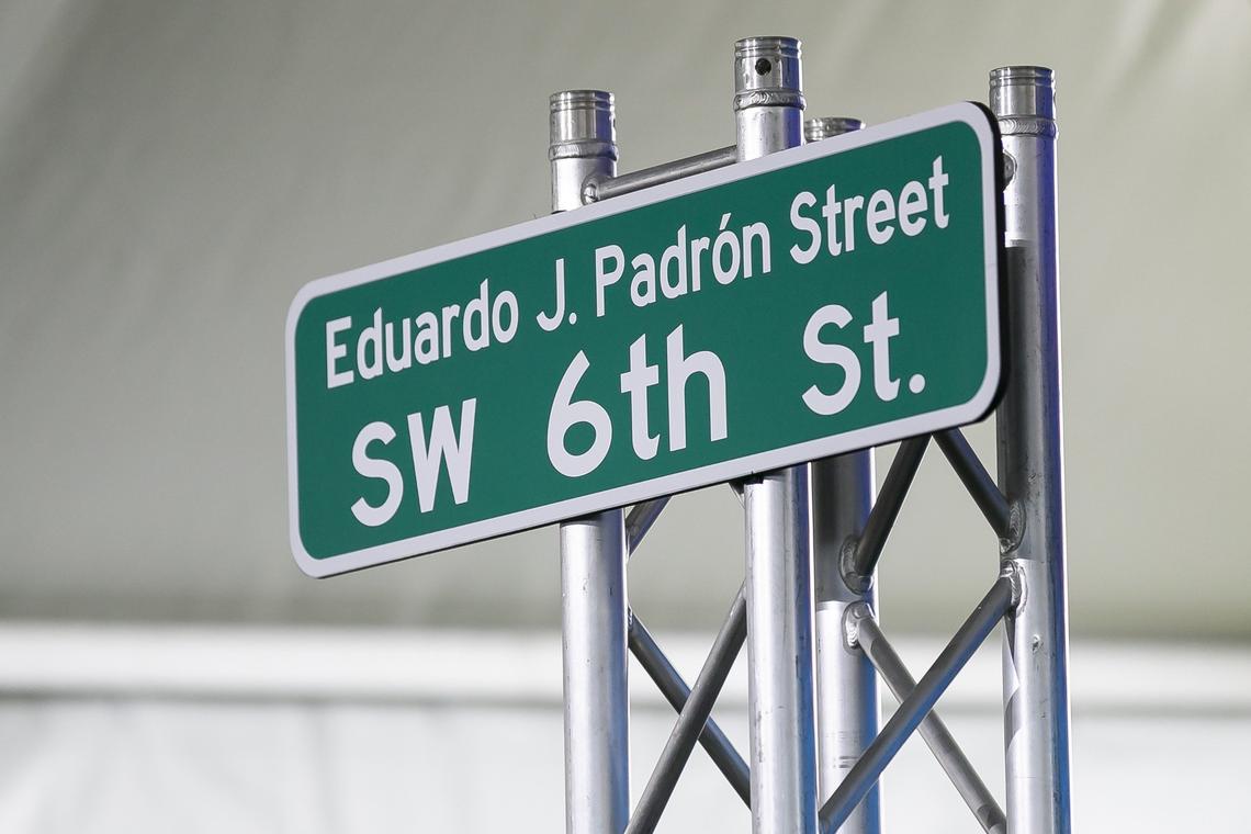 Local leaders and officials celebrate the renaming of Southwest 6th Street into Eduardo J. Padron Street during the ceremony to rename InterAmerican Campus the Eduardo J. Padron Campus in Little Havana on Friday, May 17, 2019.