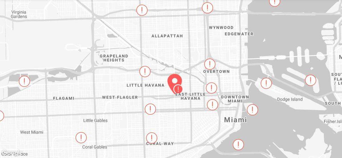 The Xfinity outage map, as of 12:15 p.m. Thanksgiving Day. Some exclamation points represent 1,000 to 2,500 customers. Other exclamation points represent over 2,500 customers.