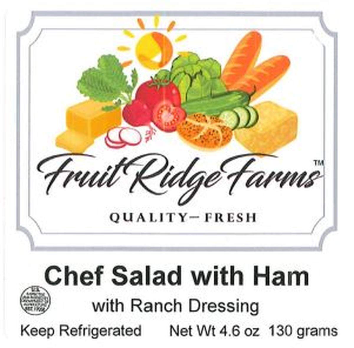 The label for Fruit Ridge Farms Chef Salad with Ham and Ranch Dressing