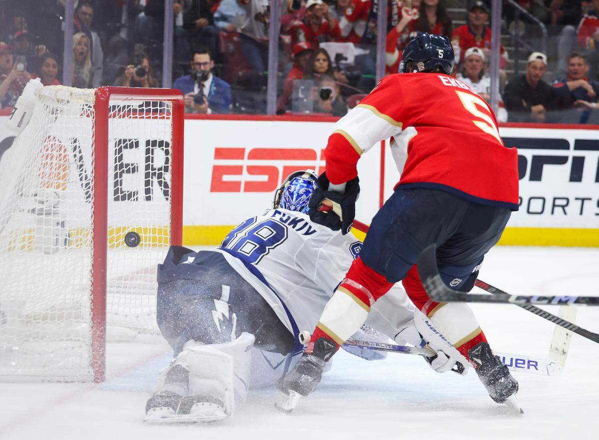 Florida Panthers defenseman Aaron Ekblad (5) scores a goal on Tampa Bay Lightning goaltender Andrei Vasilevskiy (88) during the third period of Game 4 of the first-round Stanley Cup playoff series on Monday, April 28, 2025, at Amerant Bank Arena in Sunrise, Fla. The Panthers won 4-2.