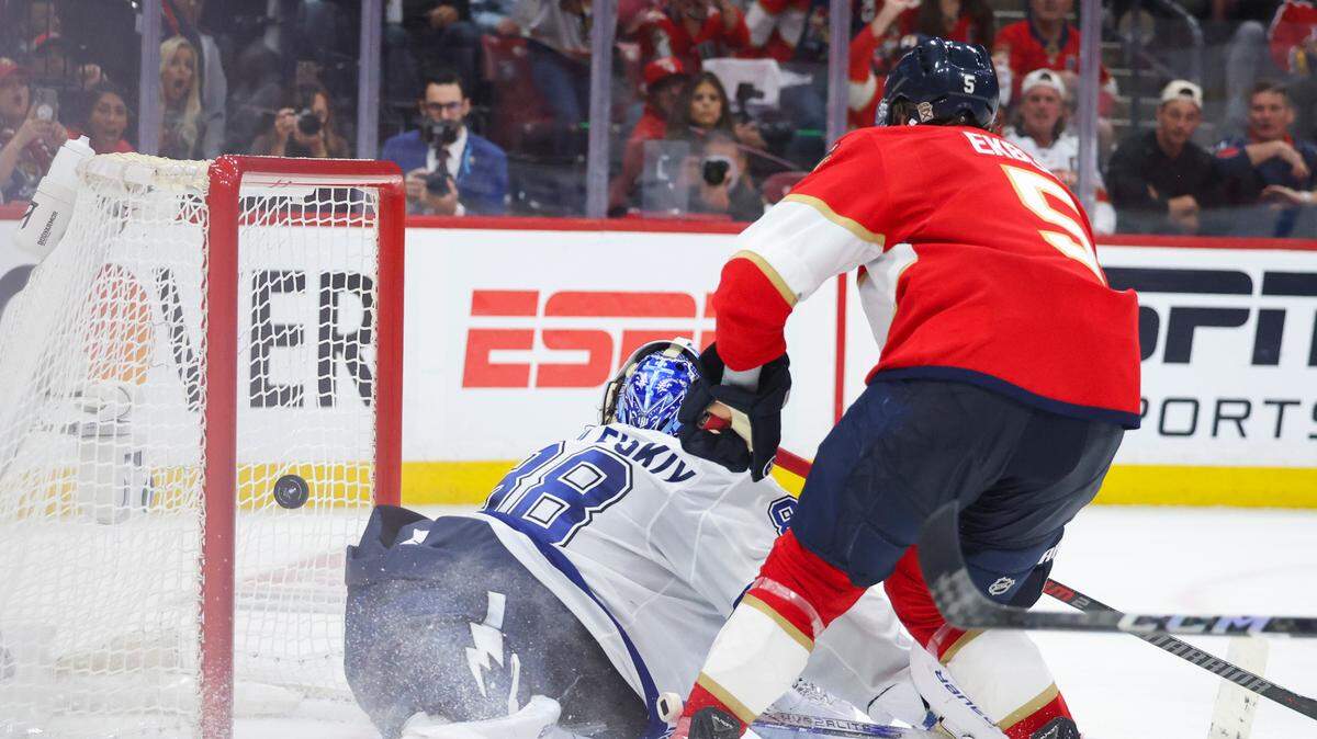 Florida Panthers defenseman Aaron Ekblad (5) scores a goal on Tampa Bay Lightning goaltender Andrei Vasilevskiy (88) during the third period of Game 4 of the first-round Stanley Cup playoff series on Monday, April 28, 2025, at Amerant Bank Arena in Sunrise, Fla. The Panthers won 4-2.