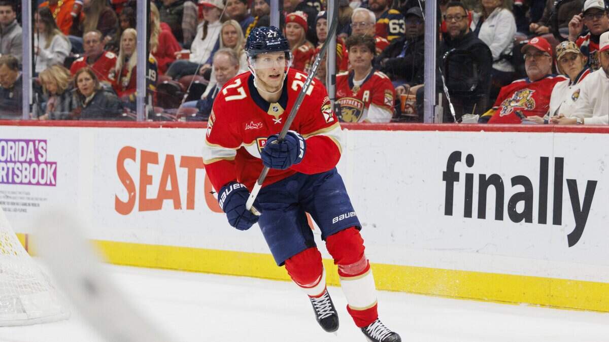 Florida Panthers center Eetu Luostarinen (27) skates across the ice during the first period of a game against the Buffalo Sabres on Monday, Feb. 2, 2026, at Amerant Bank Arena in Sunrise, Fla.