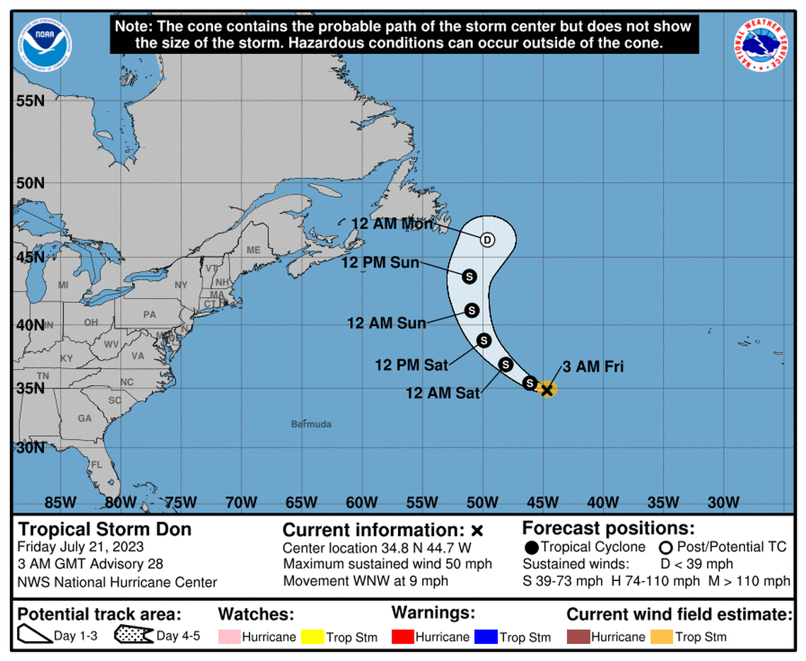 National Hurricane Center’s forecast cone for Tropical Storm Don at 11 p.m. Thursday, July 20, 2023.