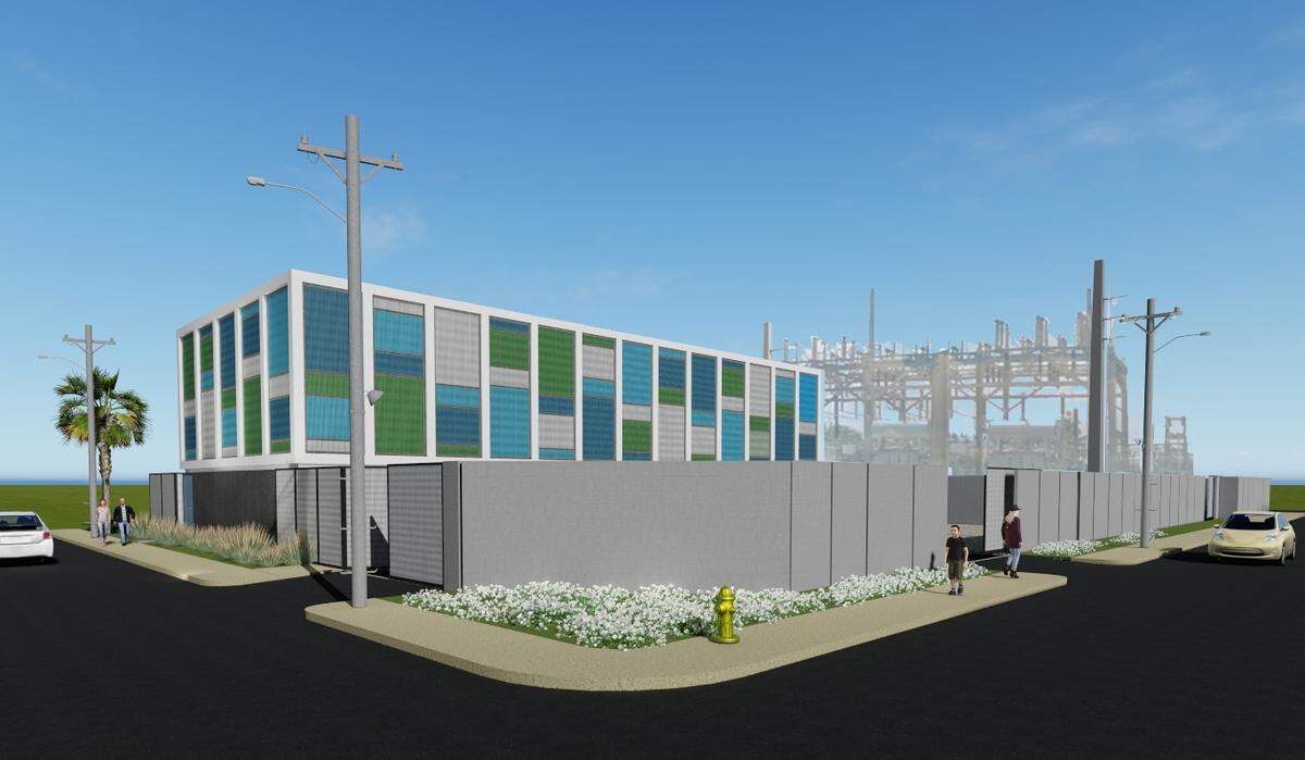 FPL is installing a mega-battery at Northwest 23rd Street and Northwest First Avenue in Wynwood as part of a project to explore ways to store electricity — a key to expanding solar power. A rendering provided by FPL shows the scale.