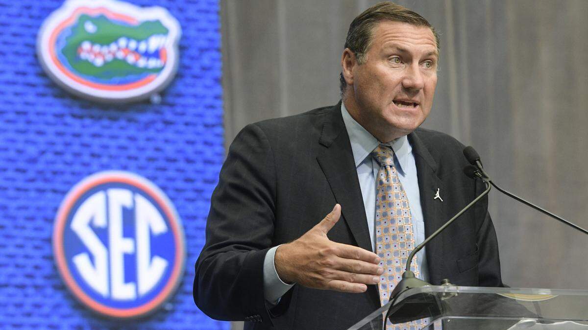 Florida head coach Dan Mullen speaks during the NCAA college football Southeastern Conference media days at the College Football Hall of Fame in Atlanta, Tuesday, July 17, 2018.