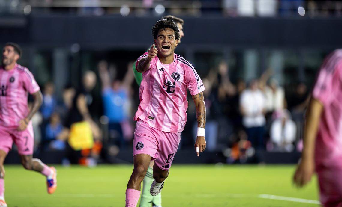 Inter Miami midfielder Telasco Segovia (8) celebrates after scoring during the second half of the MLS Eastern Conference final against New York City FC at Chase Stadium on Saturday, Nov. 29, 2025, in Fort Lauderdale, Fla.