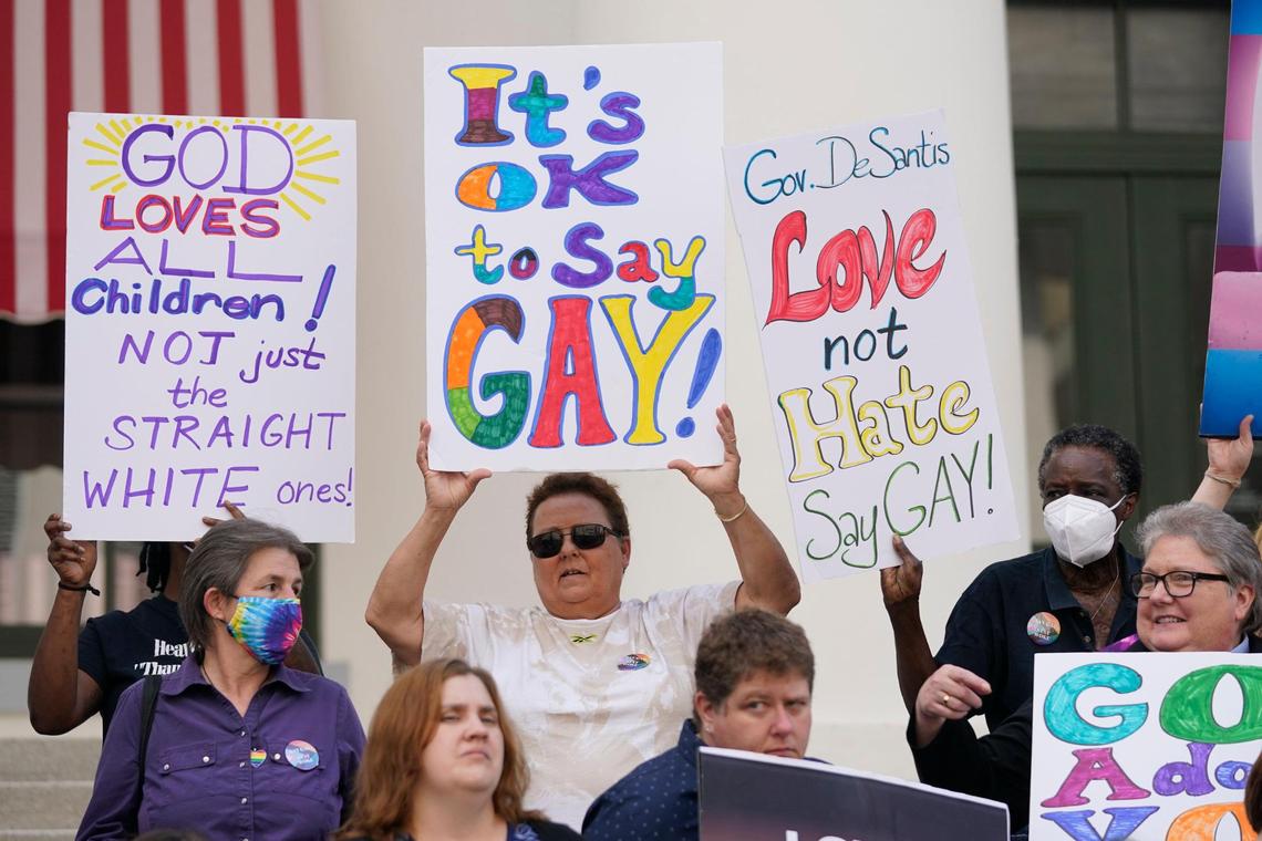 Demonstrators gather to speak on the steps of the Florida Historic Capitol Museum in front of the Florida State Capitol, Monday, March 7, 2022, in Tallahassee, Fla.