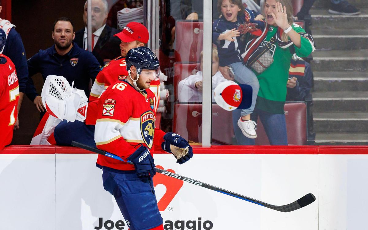 Florida Panthers center Aleksander Barkov (16) skates after scoring his third goal during the first period of an NHL game against the Montreal Canadiens at FLA Live Arena on Thursday, December 29, 2022 in Sunrise, Fl.