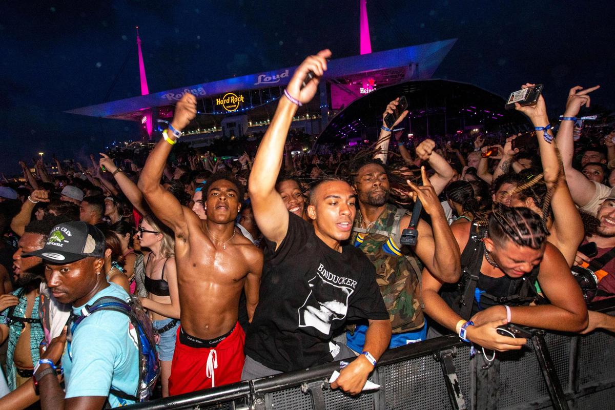 Festival goers react during a performance by Houston rapper Don Toliver during the first day of Rolling Loud Miami, an international hip-hop festival, at Hard Rock Stadium in Miami Gardens, Florida, on Friday, July 22, 2022.