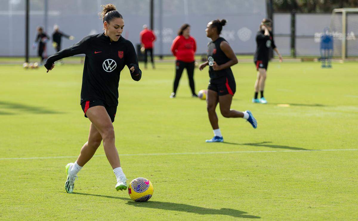 United States forward Trinity Rodman (8) kicks the ball during team practice at the Florida Blue Training Center on Tuesday, Nov. 28, 2023, in Fort Lauderdale, Fla.