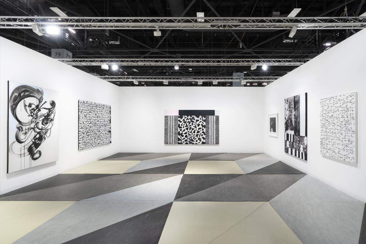 The 28-foot-square linoleum floor at the David Castillo Gallery at Art Basel Miami Beach features a lemon yellow, gray and white geometric pattern. The floor is by Sanford Biggers and sells for $120,000. The Lincoln Road gallery is in the main ‘Galleries’ sector for the first time at Art Basel Miami Beach at the Miami Beach Convention Center.