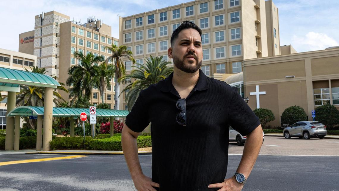 Aspiring nurse Jasiel Vilarino who passed the NCLEX but was denied his license due to an investigation into his school and subsequently lost his job at HCA Florida Mercy Hospital in Coconut Grove, Florida on Friday, March 1, 2024