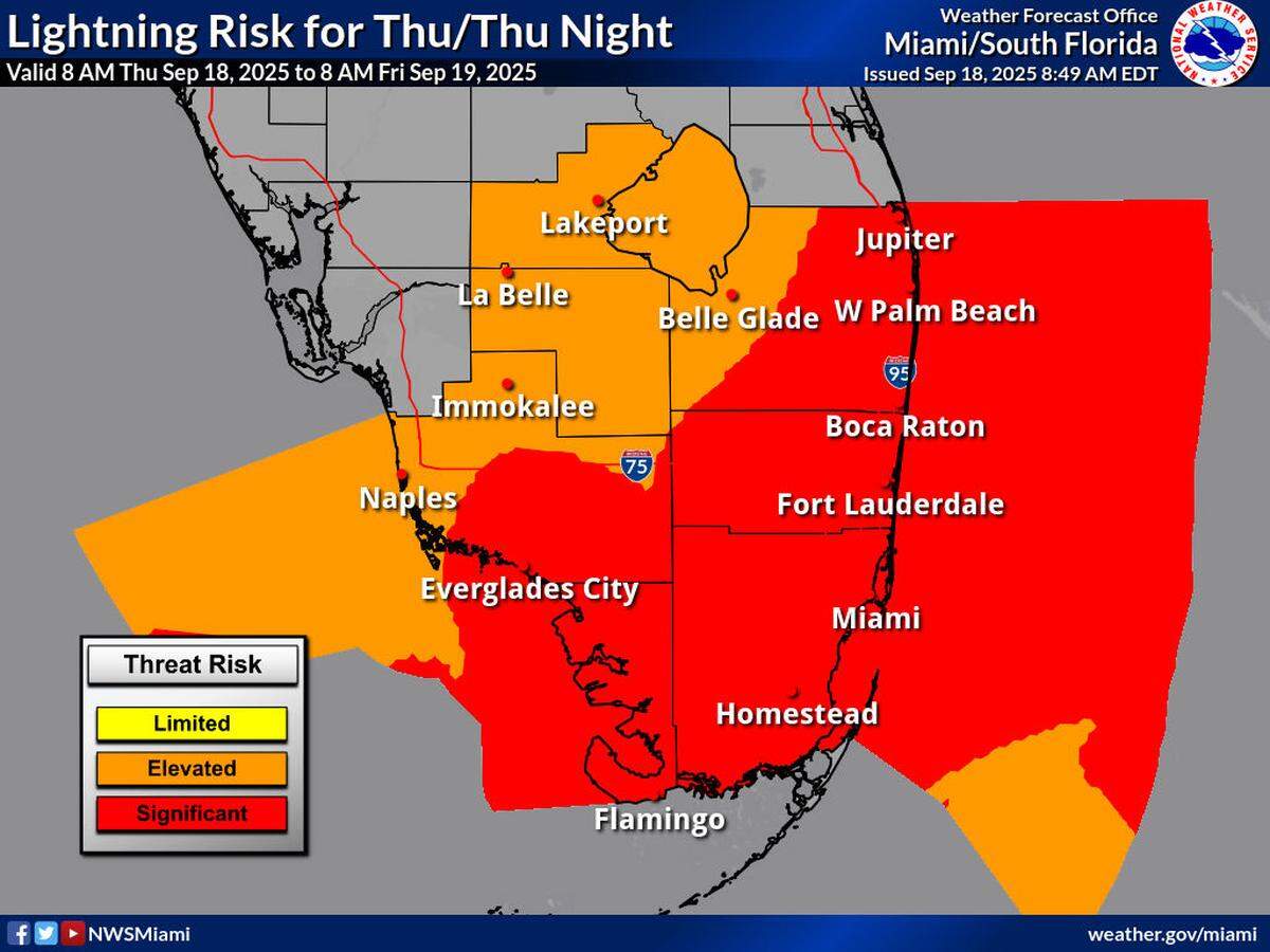 Lightning risk map for Florida on Thursday, Sept. 18, 2025. The NWS forecast holds into Friday.