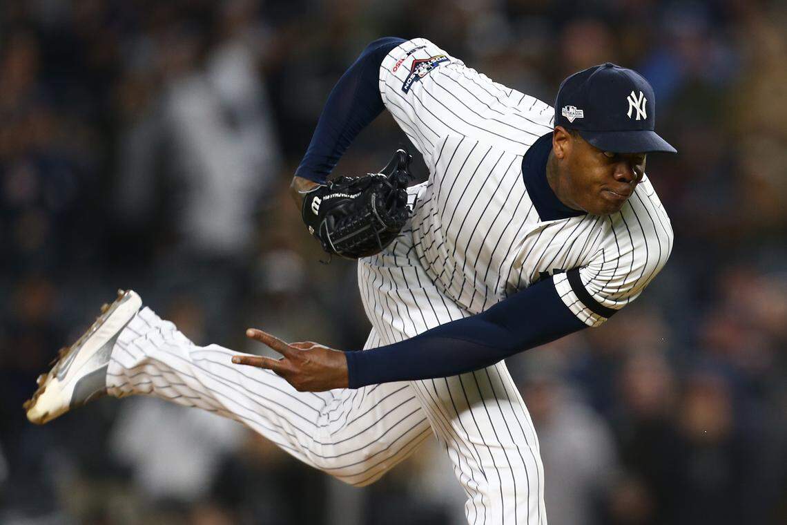 Aroldis Chapman of the New York Yankees throws a pitch against the Houston Astros in the ninth inning in Game Five of the American League Championship Series at Yankee Stadium in New York City on Oct. 18, 2019.