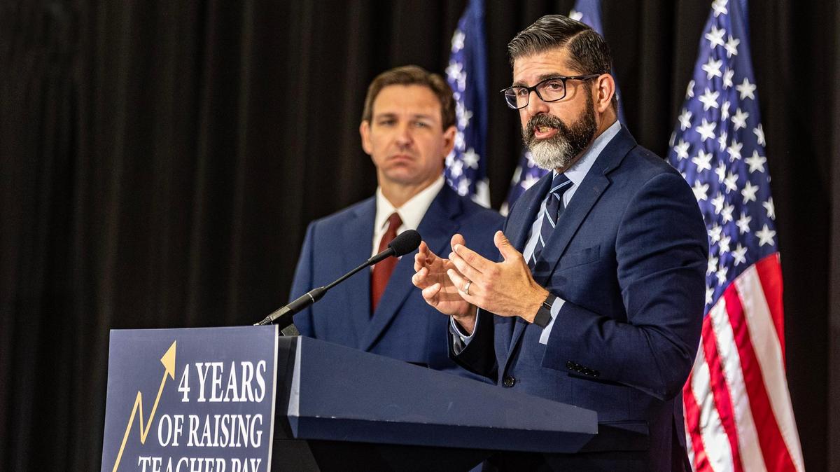 Florida education commissioner Manny Diaz Jr. joined Gov. Ron DeSantis at a press conference at True North Classical Academy charter school in Miami where the governor signed several bills, including one that prohibits teachers’ unions from deducting dues from employee paychecks and another that reduces school board terms from 12 years to eight years, Tuesday May 09, 2023.
